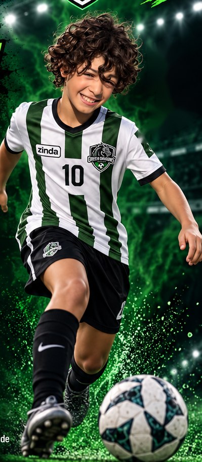 Jeune joueur des Green Dragons en action, chandail numéro 10, ballon au pied
